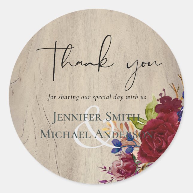Sticker Rond Mariage Floral bleu Bourgogne rustique (Devant)