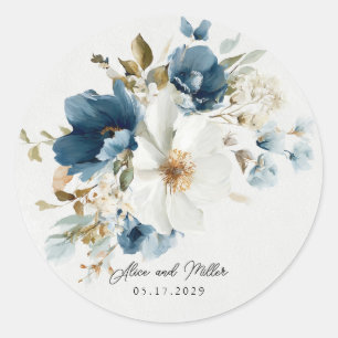 Sticker Rond Mariage floral bleu et blanc