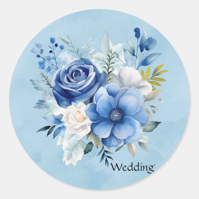 Sticker Rond Mariage floral bleu et blanc Aquarelle Peony (Devant)