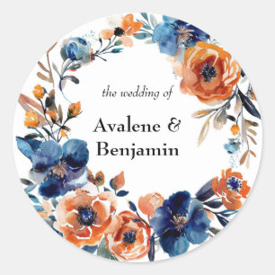 Sticker Rond Mariage floral bleu et orange