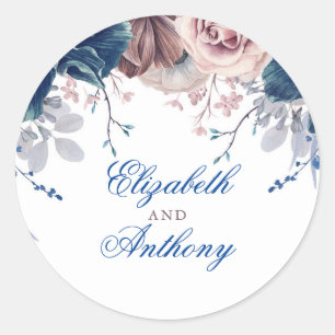 Sticker Rond Mariage floral bleu marine et mauve
