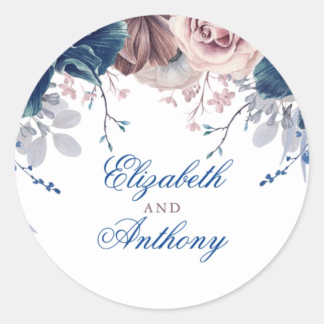 Sticker Rond Mariage floral bleu marine et mauve (Devant)