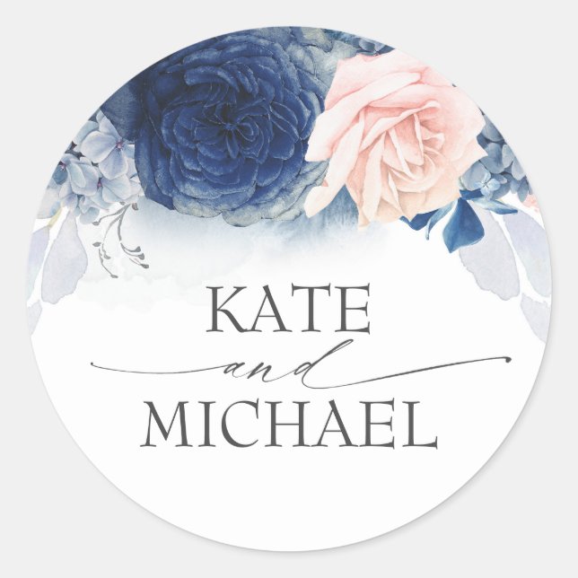 Sticker Rond Mariage floral bleu marine et rose poussiéreux (Devant)