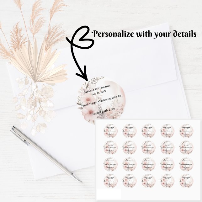 Sticker Rond Mariage floral Blush Boho (Set the tone for your romantic celebration with our elegant boho blush & beige wedding suite)