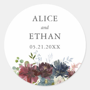 Sticker Rond Mariage floral bordeaux et bleu
