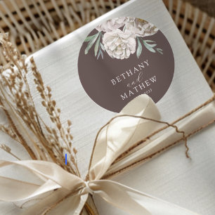 Sticker Rond Mariage Floral Brun Rustique & Blanc Cassé