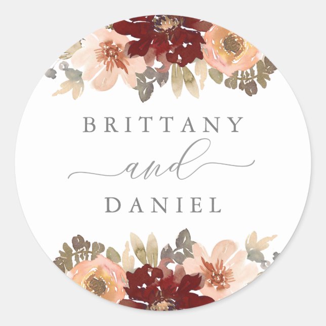 Sticker Rond Mariage floral de Bourgogne et de Pêche (Devant)