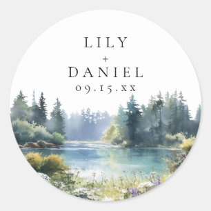 Sticker Rond Mariage Floral de Fleur Sauvage au Bord du Lac en 