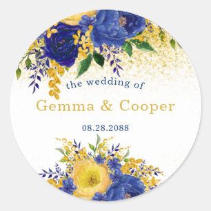 Sticker Rond Mariage floral de peinture bleu bleu jaune or