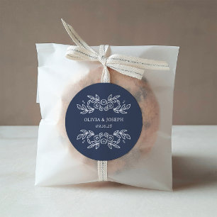 Sticker Rond Mariage Floral Dessiné à la Main Bleu Minuit Fanta