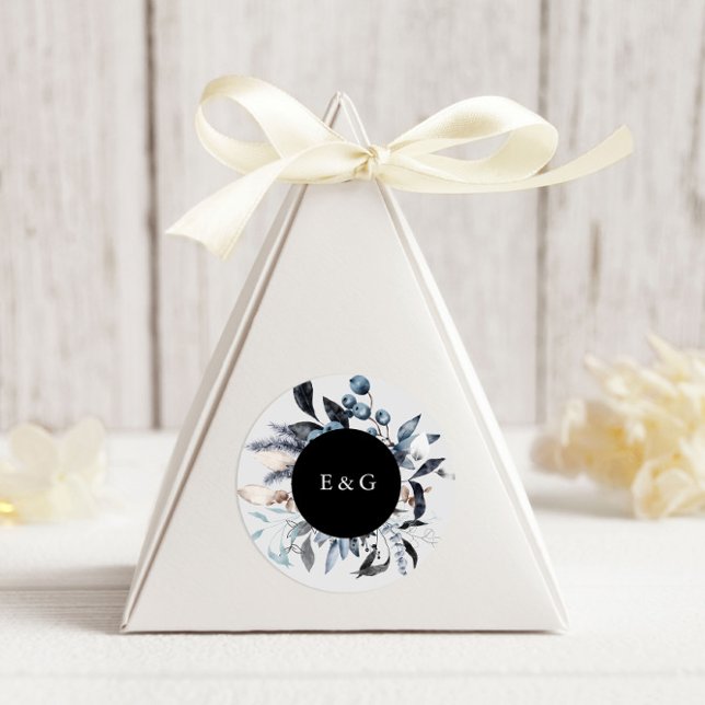 Sticker Rond Mariage Floral d'hiver bleu gelé (Créateur téléchargé)