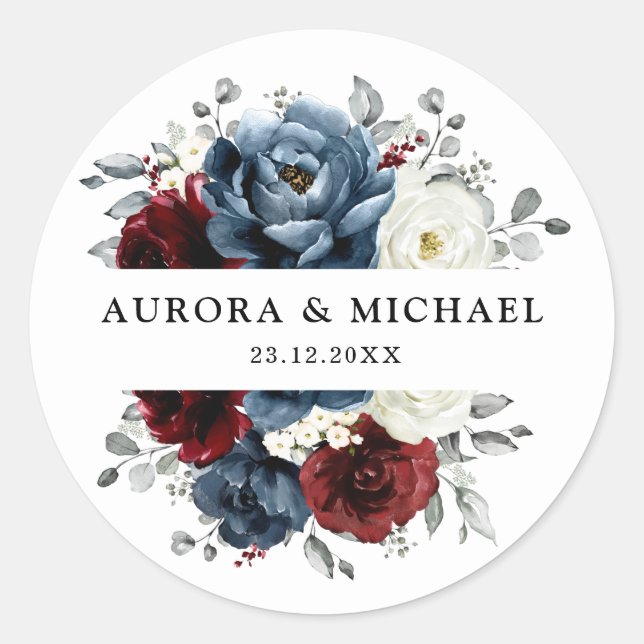 Sticker Rond Mariage floral d'ivoire blanc bleu ardoise (Devant)