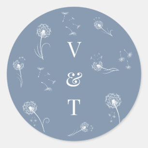 Sticker Rond Mariage floral Dusty Blue Monogram