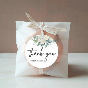Sticker Rond Mariage Floral Élégant aux Rameaux de Roses Blanch