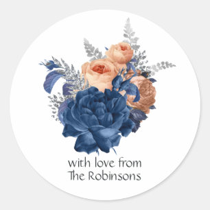 Sticker Rond Mariage floral en corail, bleu marine et argent