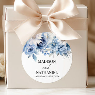 Sticker Rond Mariage Floral Fleurs Bleu Poussiéreux Botanique