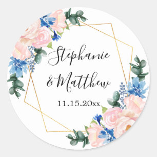 Sticker Rond Mariage floral géométrique bleu foncé rose