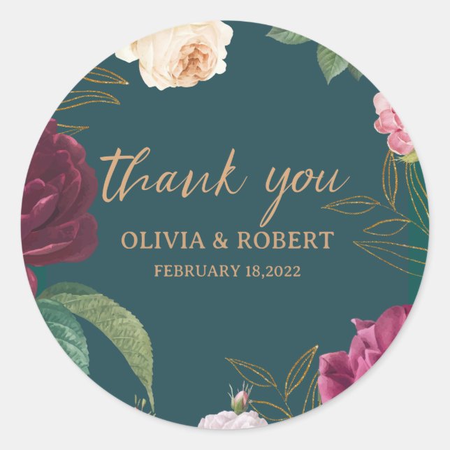 Sticker Rond Mariage Floral Gold & Emerald Green (Devant)