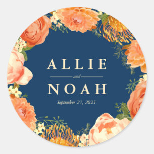 Sticker Rond Mariage Floral Marine & Orange