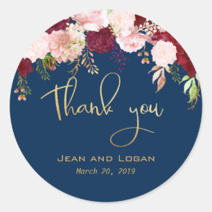 Sticker Rond Mariage Floral Merci Gold Navy Bourgogne