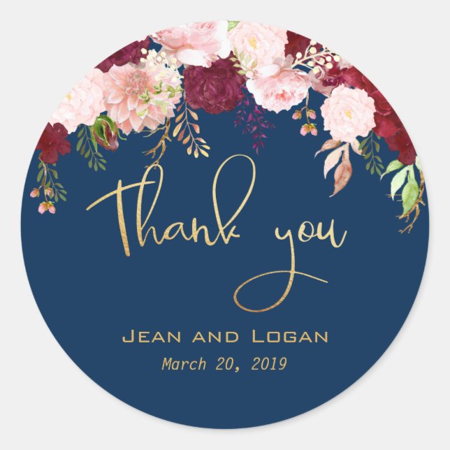 Sticker Rond Mariage Floral Merci Gold Navy Bourgogne (Devant)