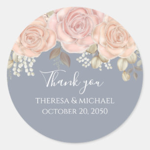 Sticker Rond Mariage Floral Merci Rose Or Dusty Bleu