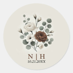 Sticker Rond Mariage Floral Moderne Crème Moka Blanc