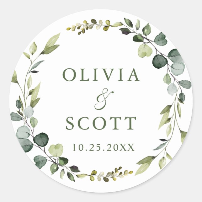 Sticker Rond Mariage floral moderne Eucalyptus Wreath Boho (Devant)
