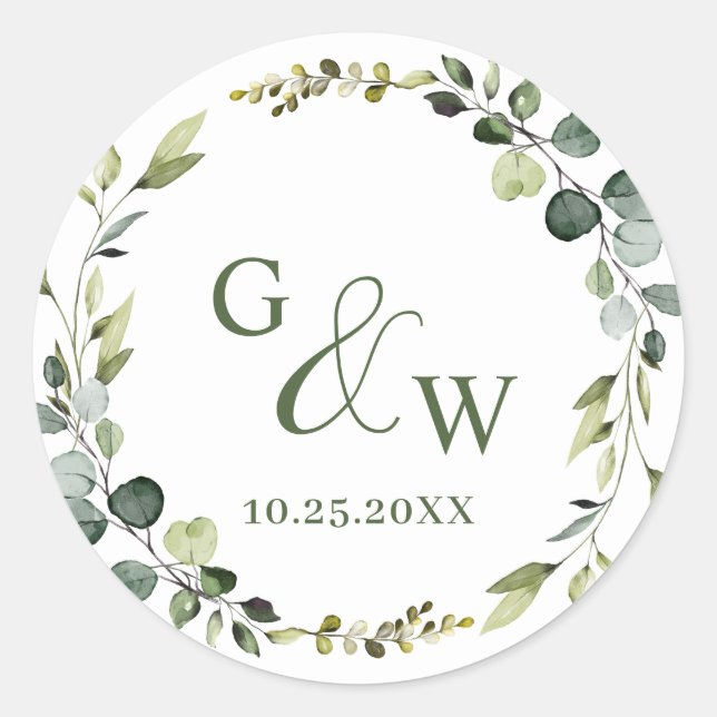 Sticker Rond Mariage floral moderne Eucalyptus Wreath Frame Boh (Devant)