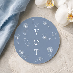 Sticker Rond Mariage Floral Monogramme Bleu Poussiéreux