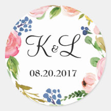 Sticker rond Mariage floral Monogramme personnalis