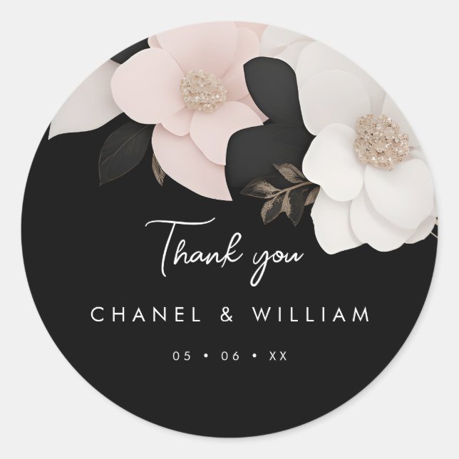 Sticker Rond mariage floral noir et blanc merci (Devant)