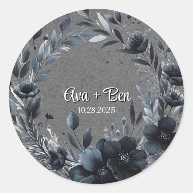 Sticker Rond Mariage floral noir gothique (Devant)