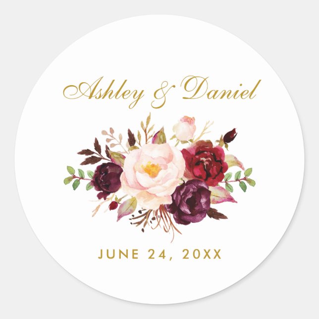 Sticker Rond Mariage Floral Or Bourgogne (Devant)