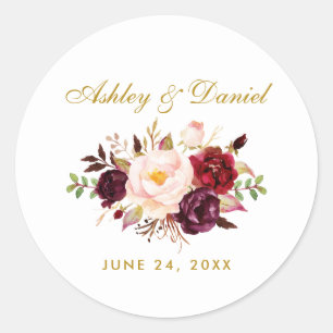 Sticker Rond Mariage Floral Or Bourgogne