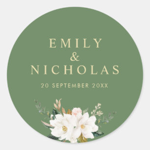 Sticker Rond mariage floral or et magnolia blanc