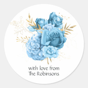 Sticker Rond Mariage floral Pastel Bleu et Or