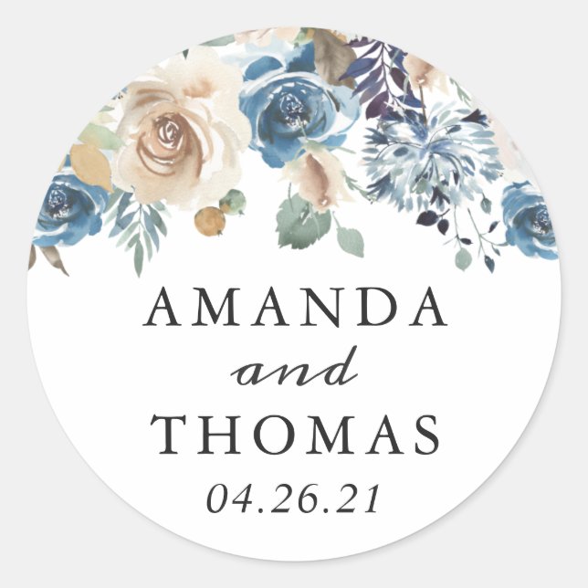 Sticker Rond Mariage floral poussiéreux rustique de vert bleu (Devant)