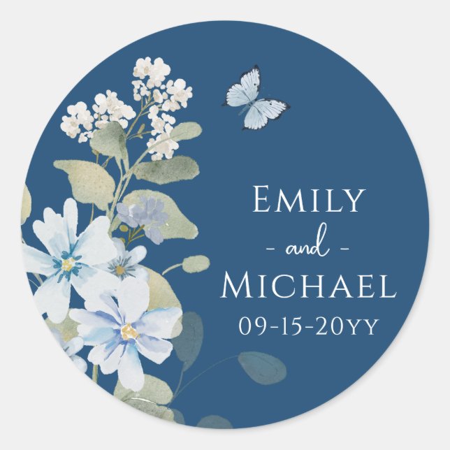 Sticker Rond Mariage floral romantique bleu Dusty (Devant)