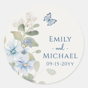Sticker Rond Mariage floral romantique bleu Dusty