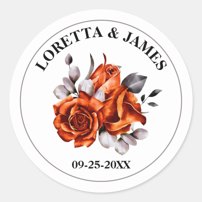 Sticker Rond Mariage floral Rose orange brûlé (Devant)