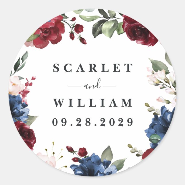 Sticker Rond Mariage floral rose rose bleu marine et bordeaux (Devant)