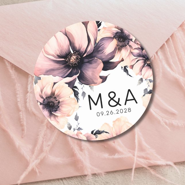 Sticker Rond Mariage floral rose rose et élégant moderne (Créateur téléchargé)