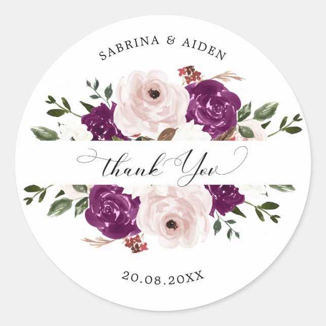 Sticker Rond Mariage floral rose rose rose prune moderne (Devant)