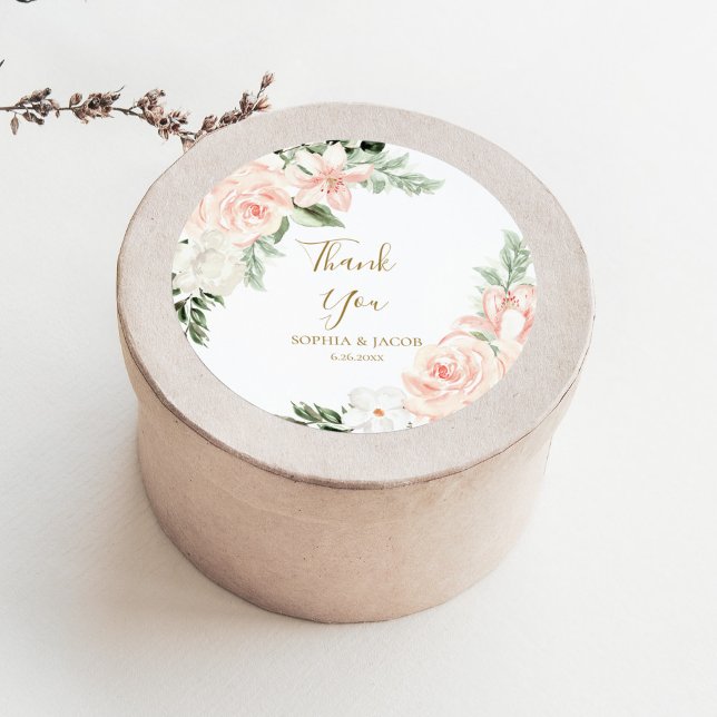 Sticker Rond Mariage floral rose rousse Favoriser le Merci (Créateur téléchargé)