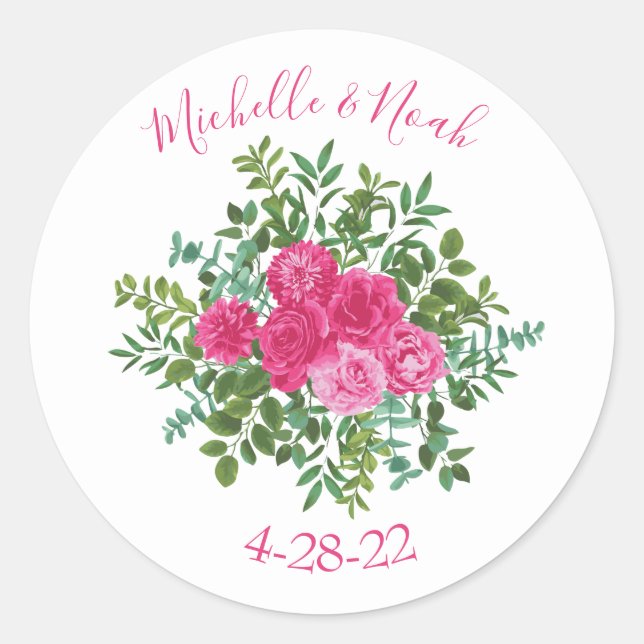 Sticker Rond Mariage floral rose vif (Devant)