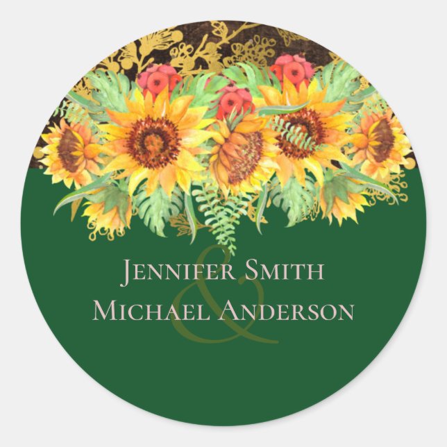 Sticker Rond Mariage floral rustique de budget d'été tournesols (Devant)