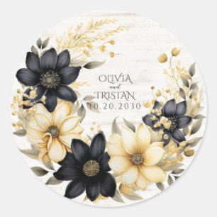 Sticker Rond Mariage floral rustique noir blanc grain de bois