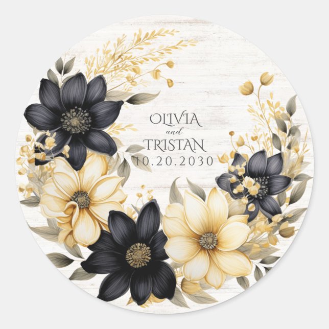 Sticker Rond Mariage floral rustique noir blanc grain de bois (Devant)