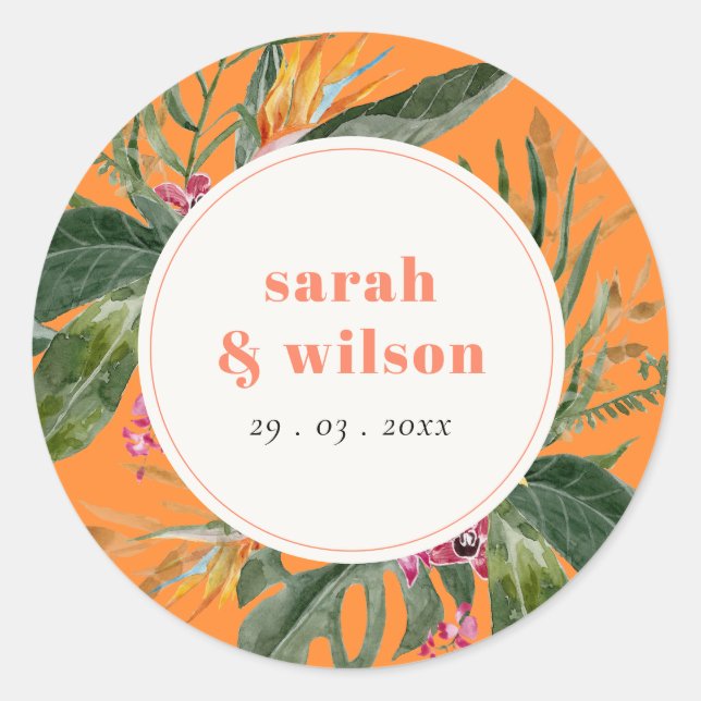 Sticker Rond Mariage floral tropical orange vif Boho (Devant)